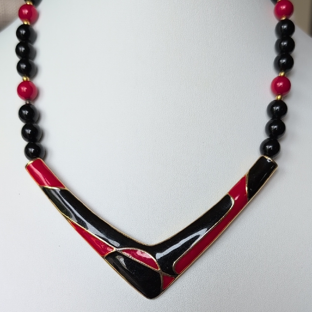19" Gold, Red and Black Enamel Beaded Necklace in stunning art deco